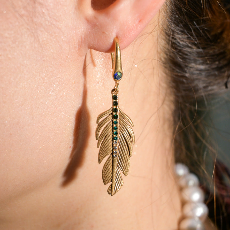 Vintage Brass Rhinestone Feather Earrings