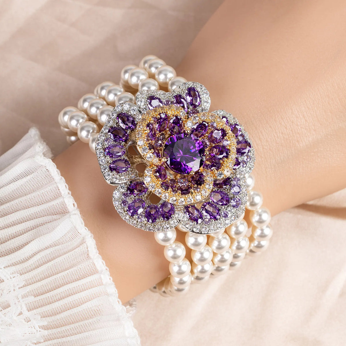 Bracelet de luxe en cristal rouge orange avec perle et fleur pour femme