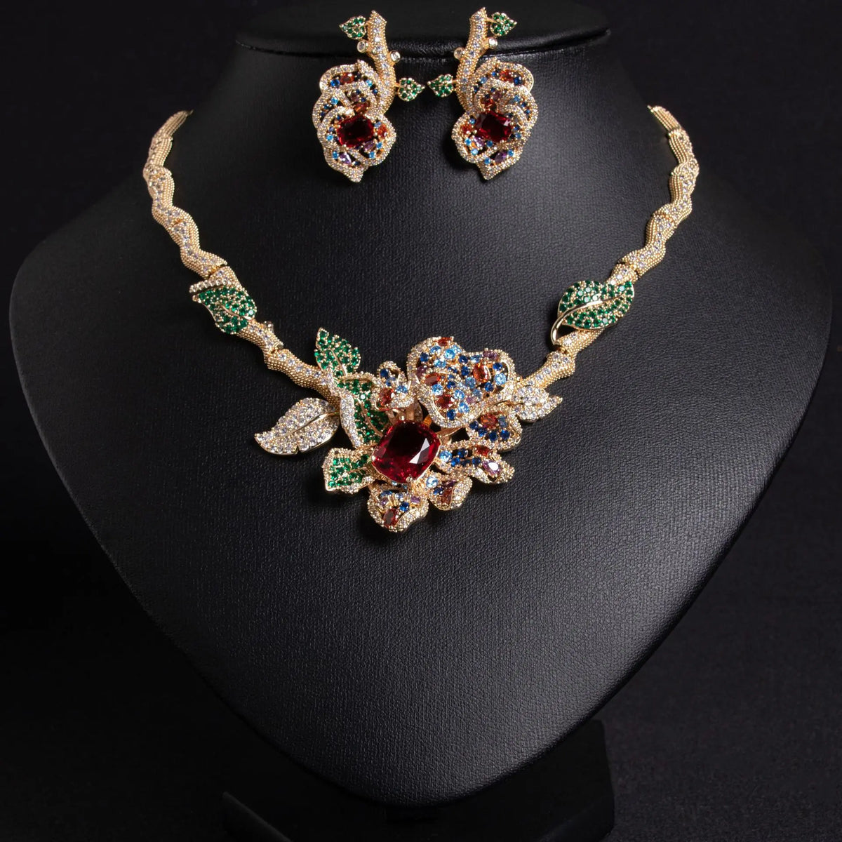 Luxury Red Crystal Flower Necklace Set – Elegant Gemstone Jewelry for Women