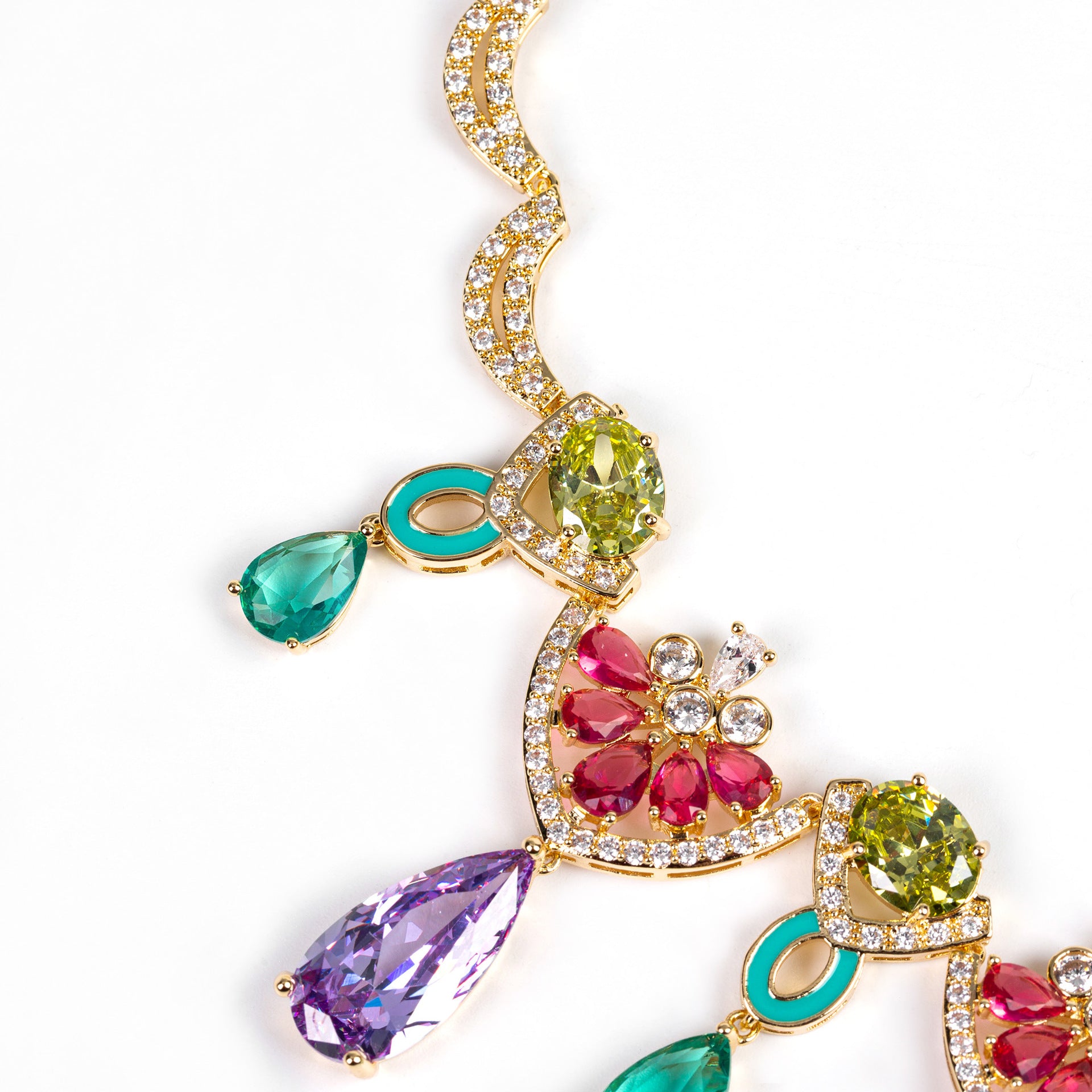 Luxury Multicolor Gemstone Statement Necklace Set for Women – Purple Teardrop Jewelry with Matching Earrings