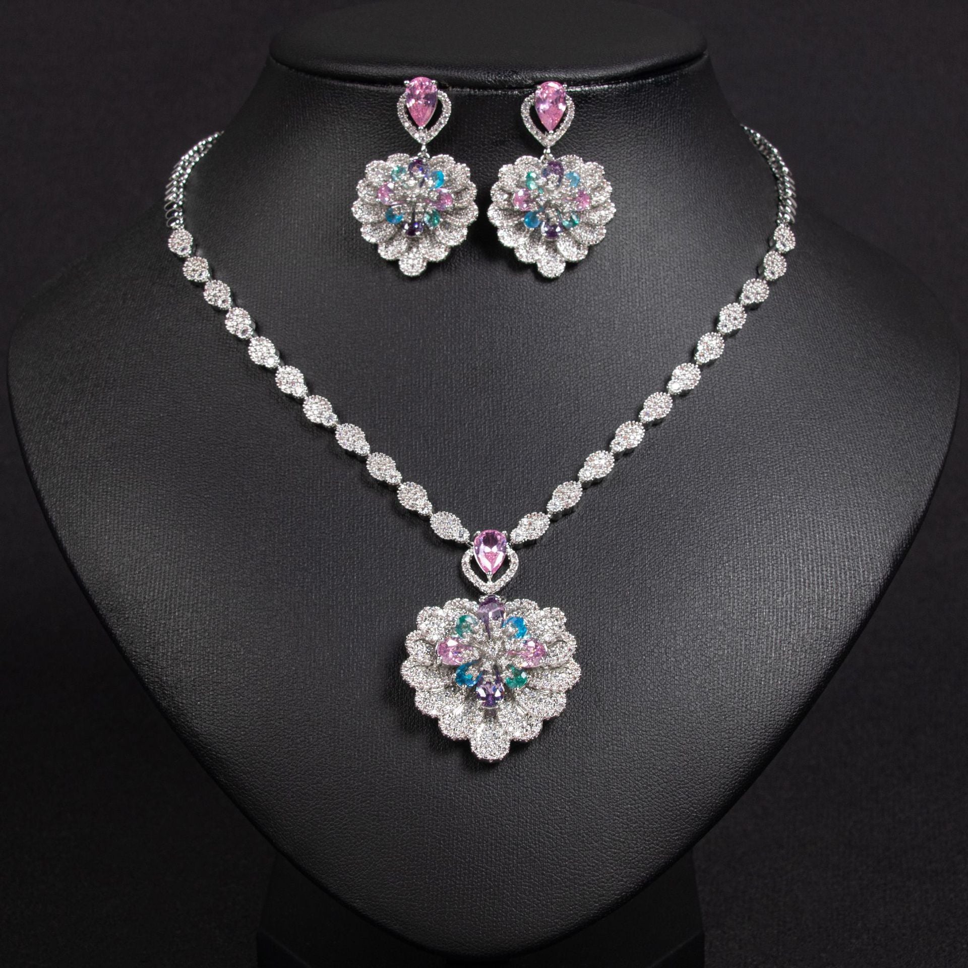 Luxury Pink Floral Crystal Necklace and Earrings Jewelry Set for Women