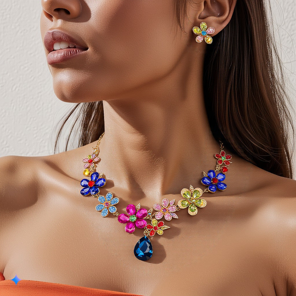 Vintage Crystal Flower Necklace Earrings Set