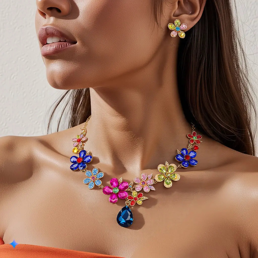 Parure Collier Boucles d'Oreilles Fleur en Cristal Vintage