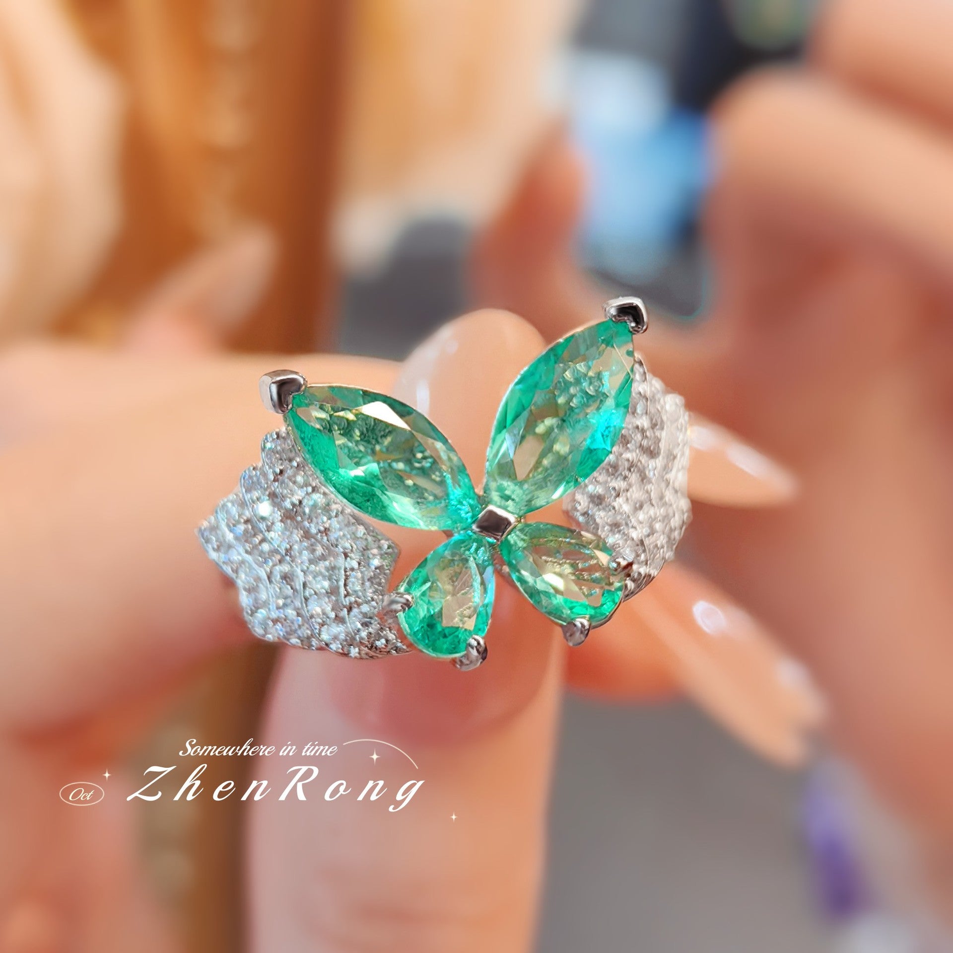 Fashion light luxury colored treasure butterfly ring