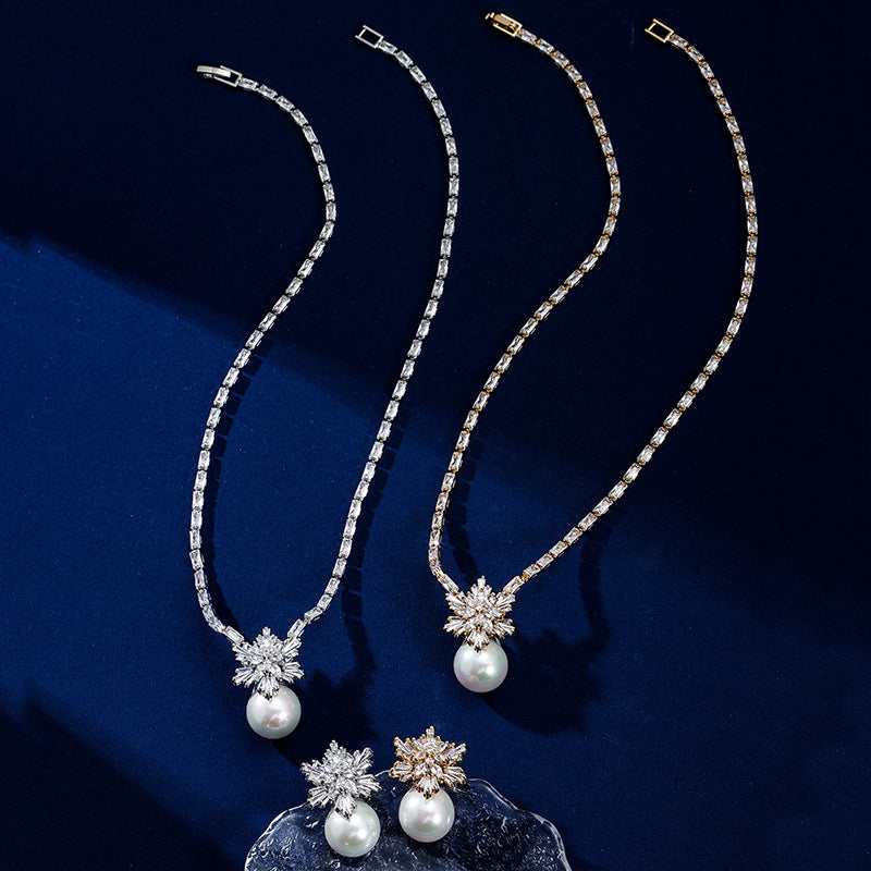 High-end pearl zircon snowflake necklace earrings set