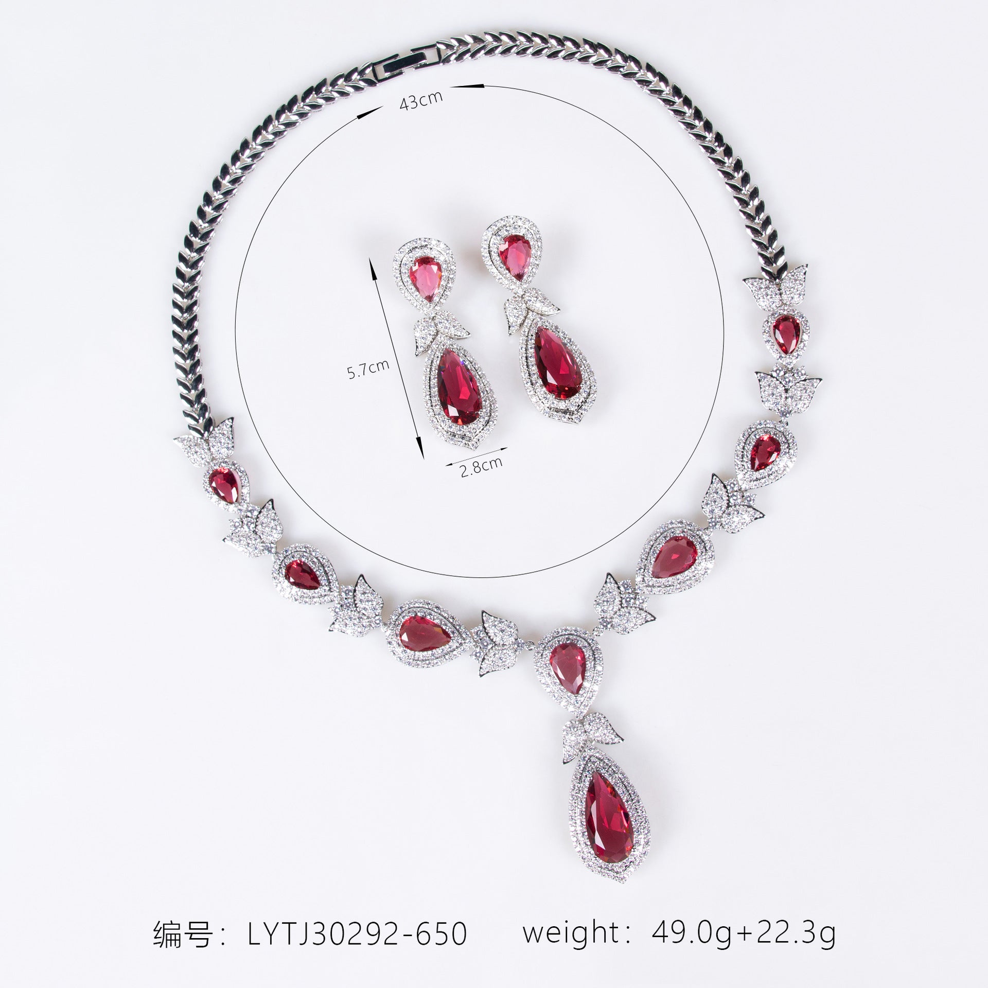 Luxury Red Teardrop Crystal Necklace and Earrings Jewelry Set for Women