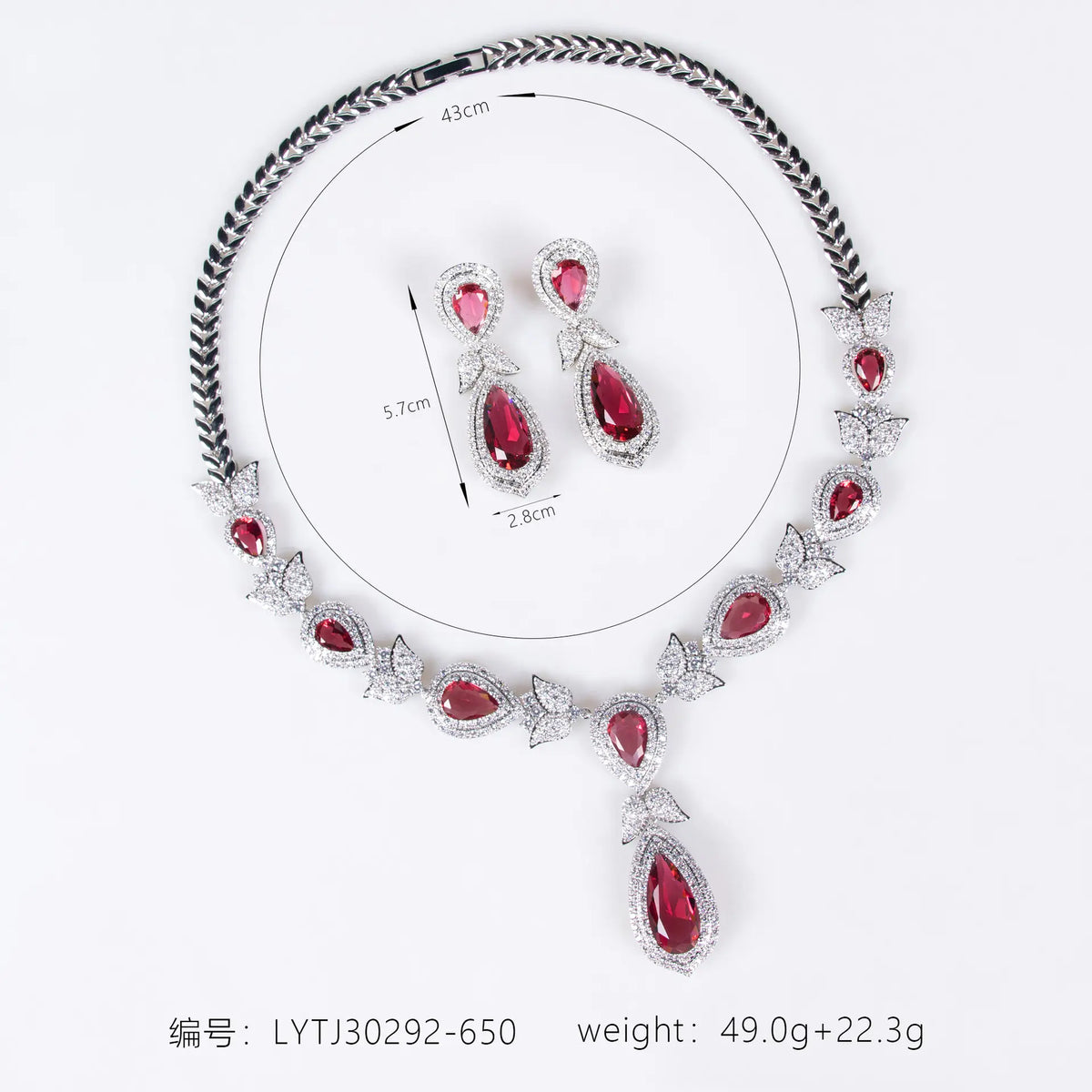 Luxury Red Teardrop Crystal Necklace and Earrings Jewelry Set for Women
