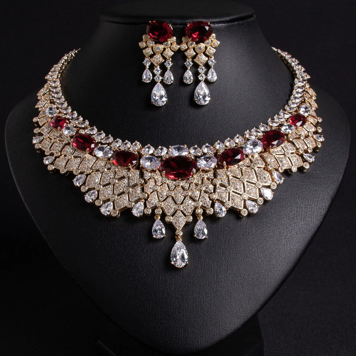 Luxury Ruby Red Crystal Statement Necklace and Earrings Jewelry Set