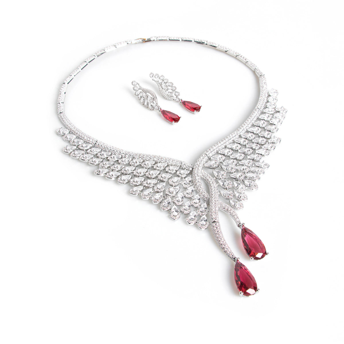Elegant Ruby Red Teardrop Jewelry Set – Silver Crystal Necklace Earrings