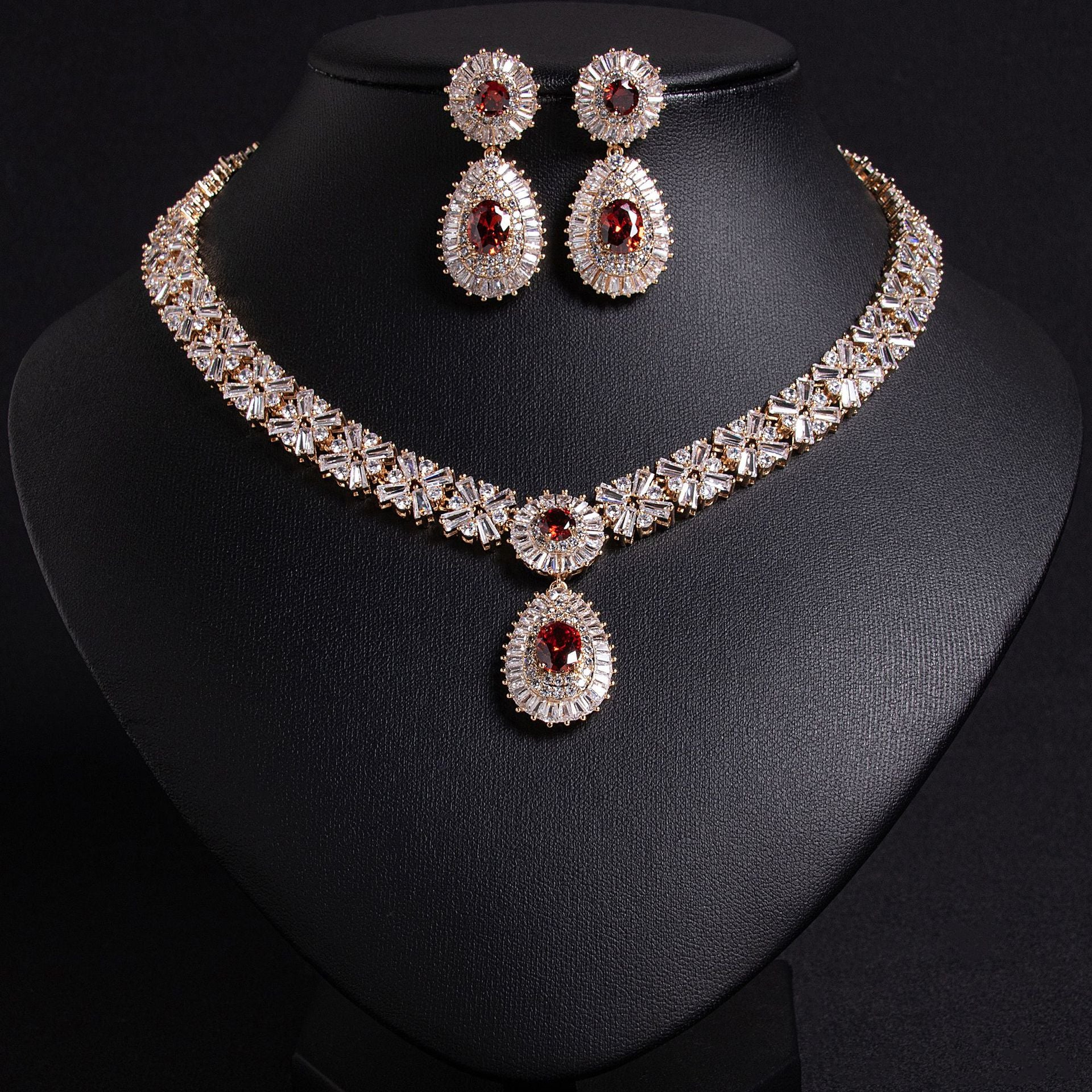 Luxury Red Crystal Statement Necklace Set – Bridal Wedding Jewelry for Women