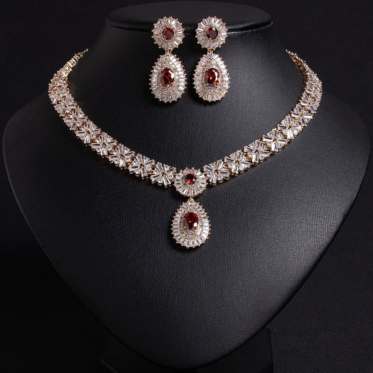 Ensemble collier de déclaration de luxe en cristal rouge – Bijoux de mariage nuptial pour femmes