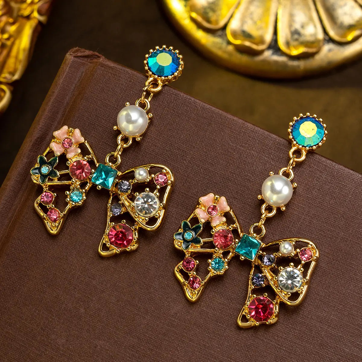 Boucles d'oreilles pendantes de luxe colorées papillon perle pour femmes