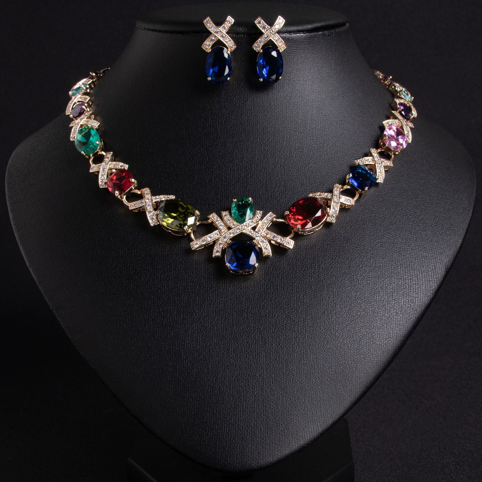Luxury Blue Green Crystal Necklace and Earrings Jewelry Set