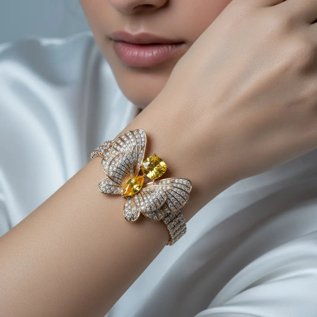 Bracelet Papillon Scintillant avec Pierre Jaune pour Femme