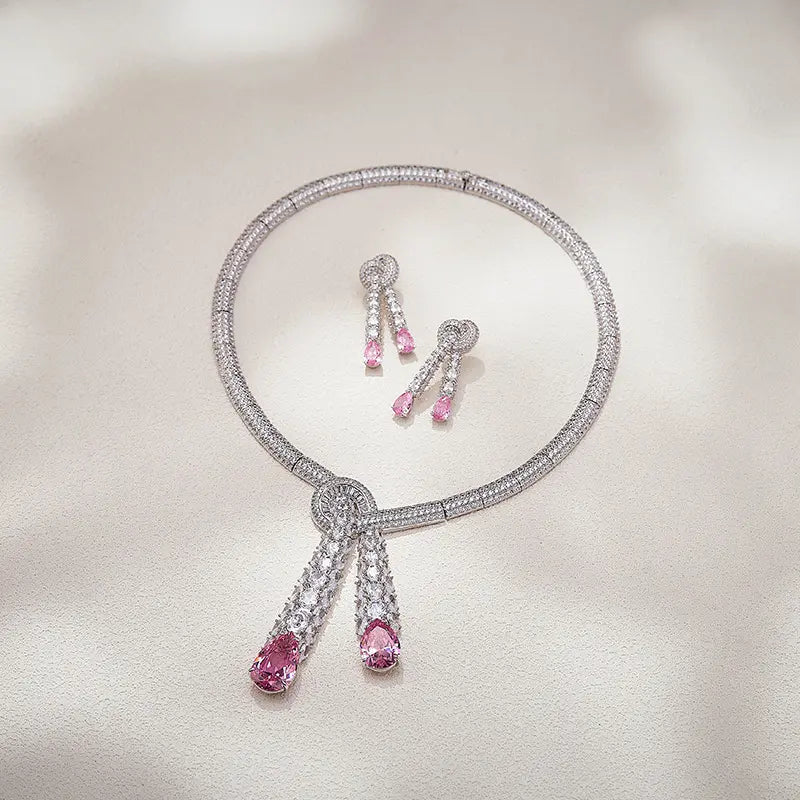 Luxury Pink Crystal Tassel Jewelry Set Necklace Earrings Elegant Circle Pendant Statement Set for Women