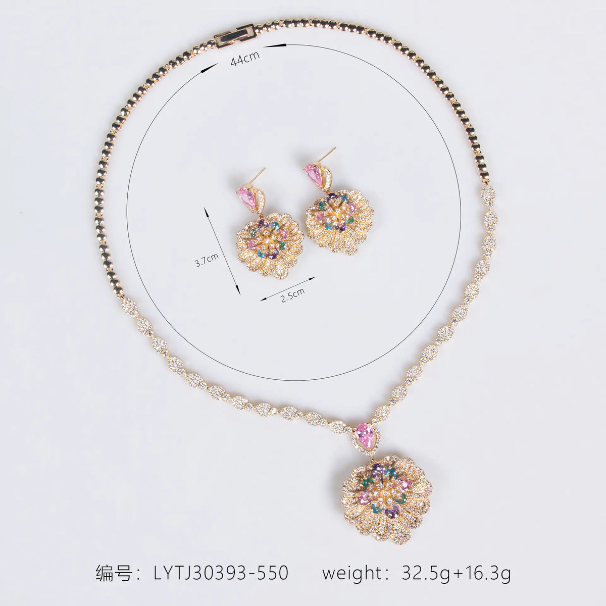 Parure collier et boucles d'oreilles de luxe femme, rose, floral, cristal