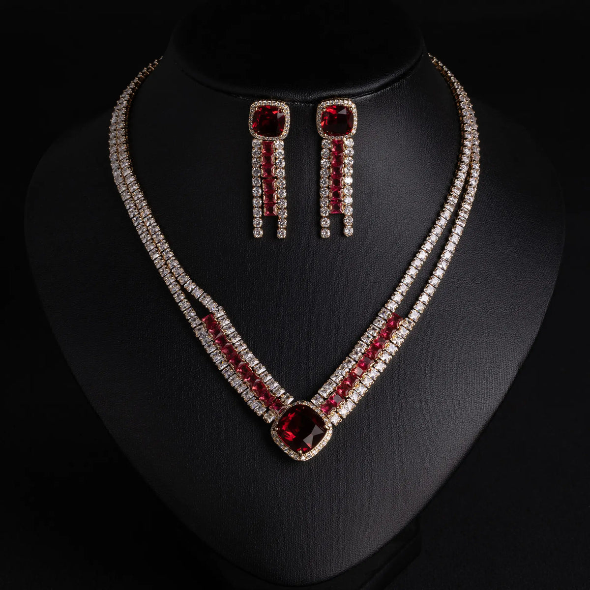 Luxury Ruby Red Crystal Necklace Earrings Set – Sparkling Formal Jewelry for Women