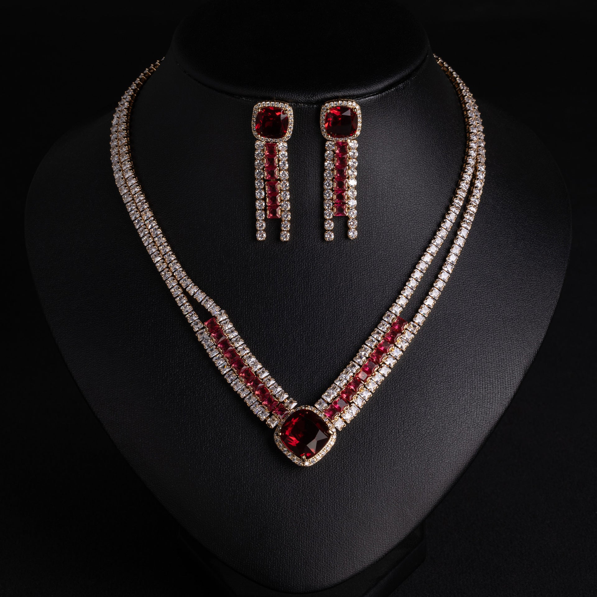 Luxury Ruby Red Crystal Necklace Earrings Set – Sparkling Formal Jewelry for Women
