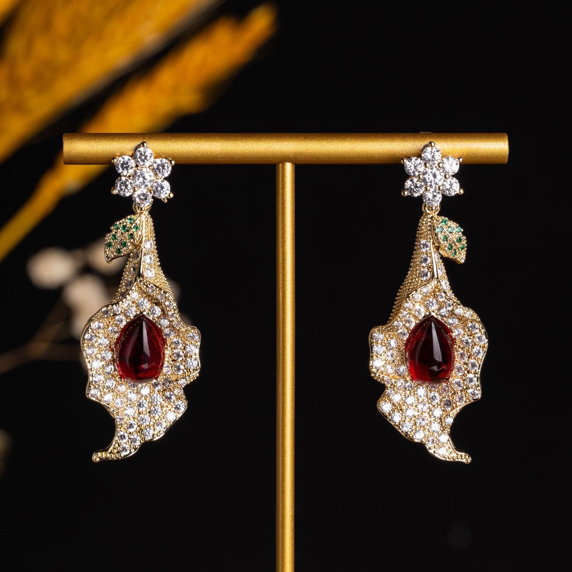 Luxury Floral Earrings with Yellow Teardrop Crystal – Glamorous Evening Jewelry