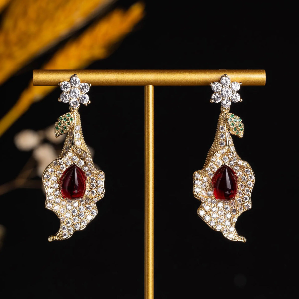 Luxury Floral Earrings with Yellow Teardrop Crystal – Glamorous Evening Jewelry