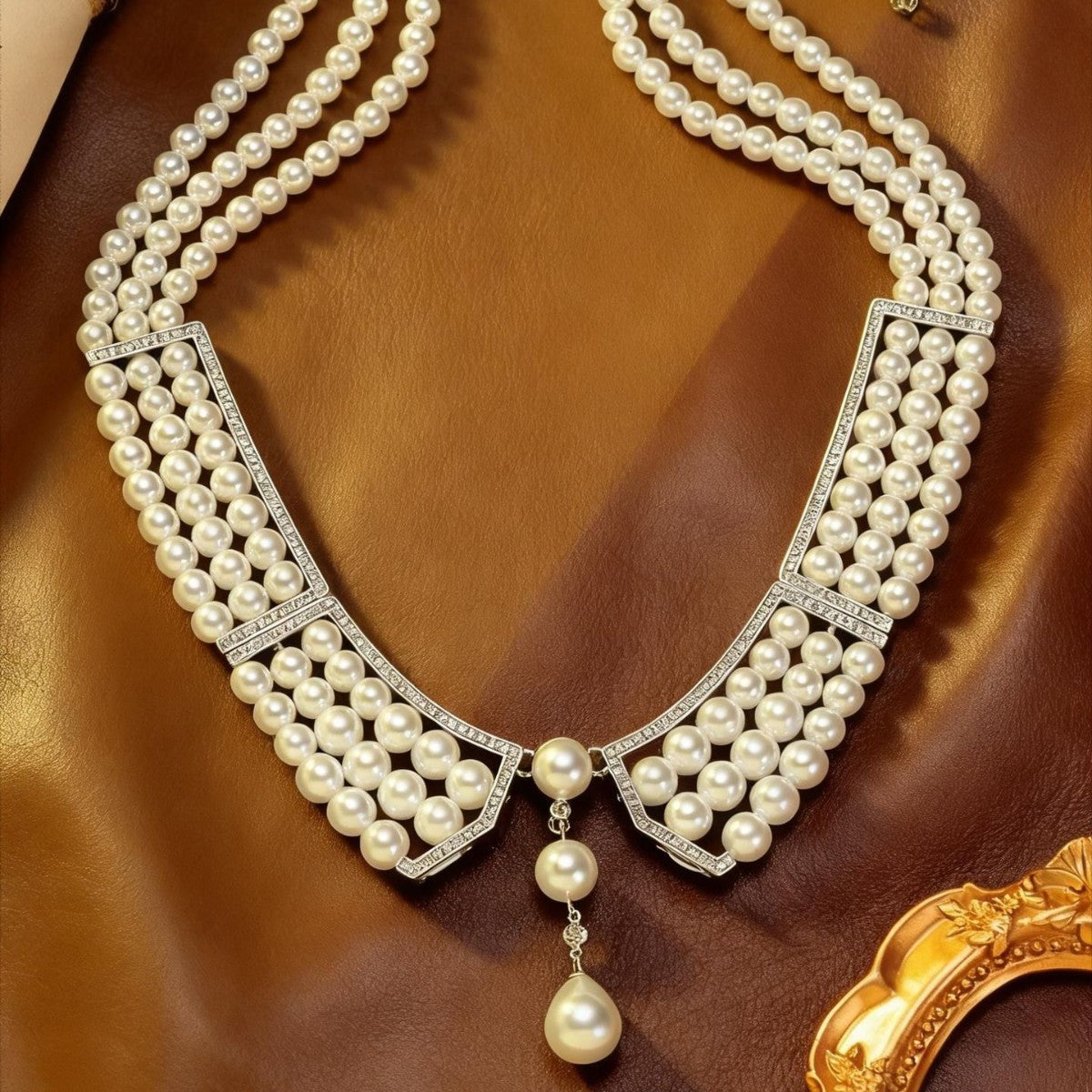 Collier multi-rangs de perles serti de diamants, style antique et tendance