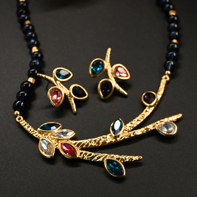 Premium Mixed Color Rhinestone Branches and Leaves Necklace Set