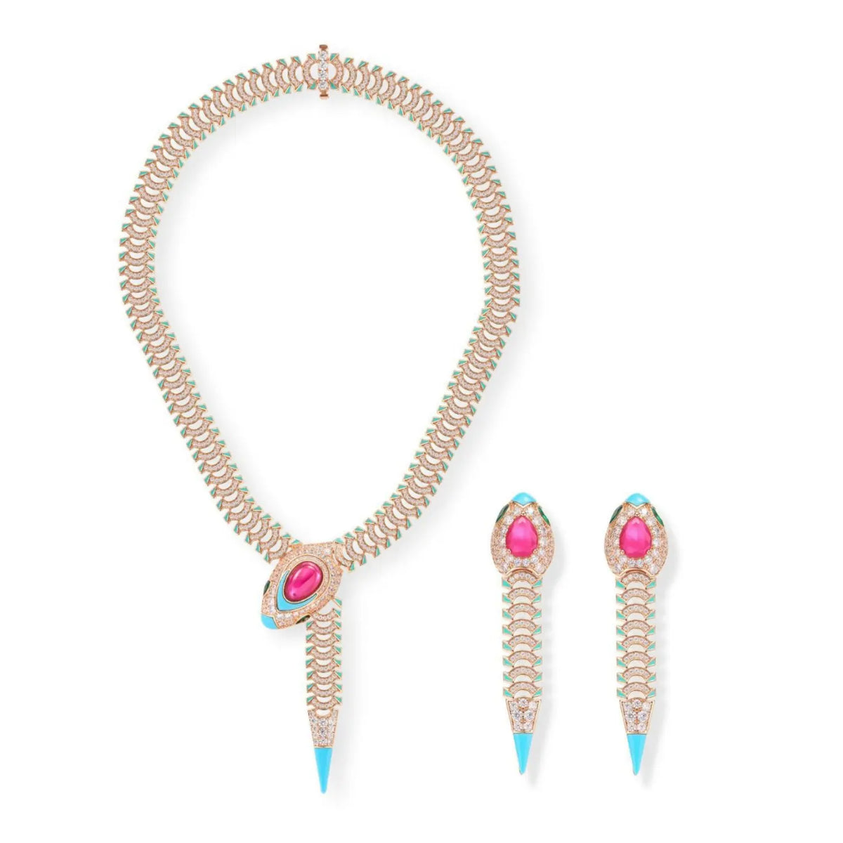Luxury Rose Gold Statement Jewelry Set Snake Design Necklace Earrings with Ruby Blue Enamel Accent for Women