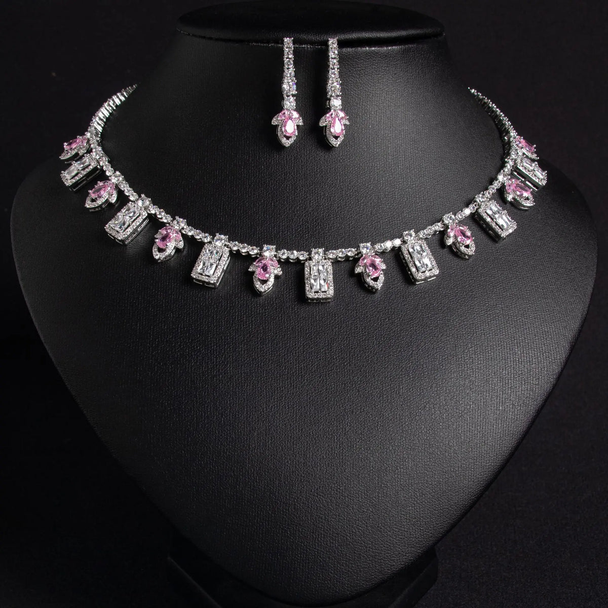 Luxury Ruby Red Baguette Crystal Necklace Set for Women – Geometric Drop Jewelry with Matching Earrings