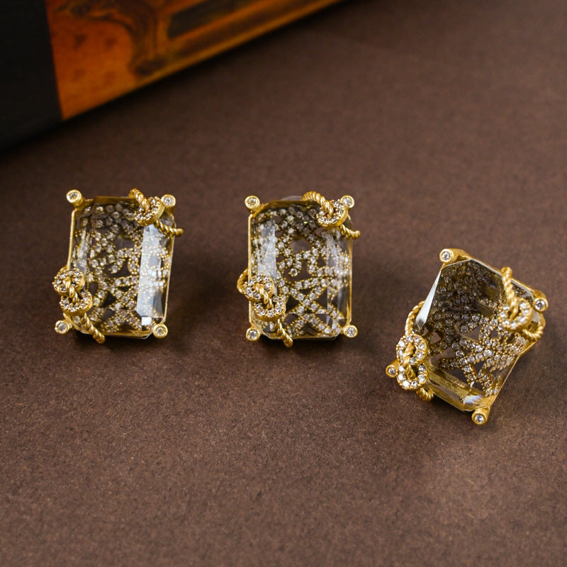 Fashion Vintage Crystal Gemstone Earrings Ring Necklace Set