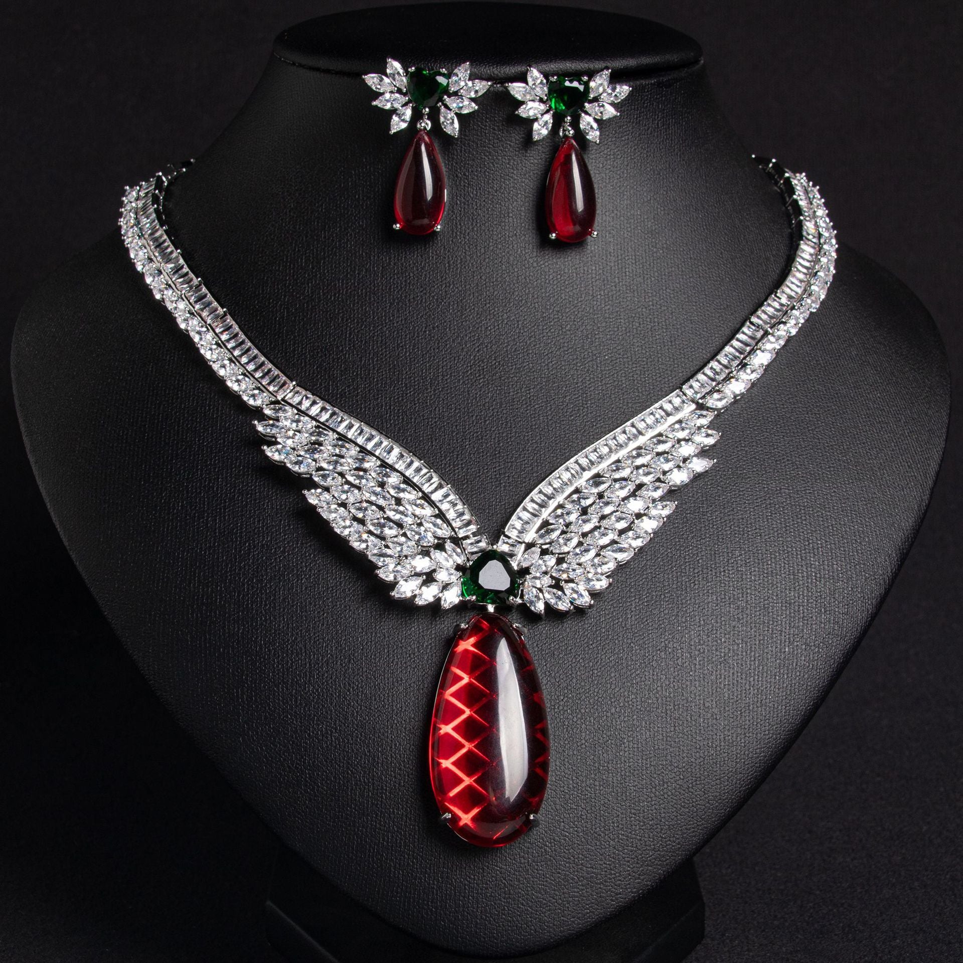 French Medieval Zircon Necklace Earrings Set Female Angel Wings