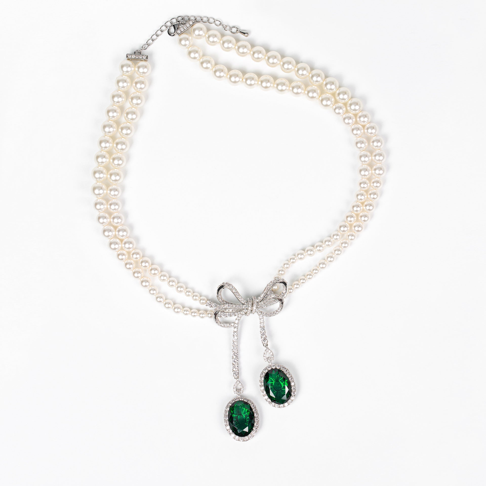 Fashion Light Luxury Pearl Diamond Bow Necklace Earrings Set