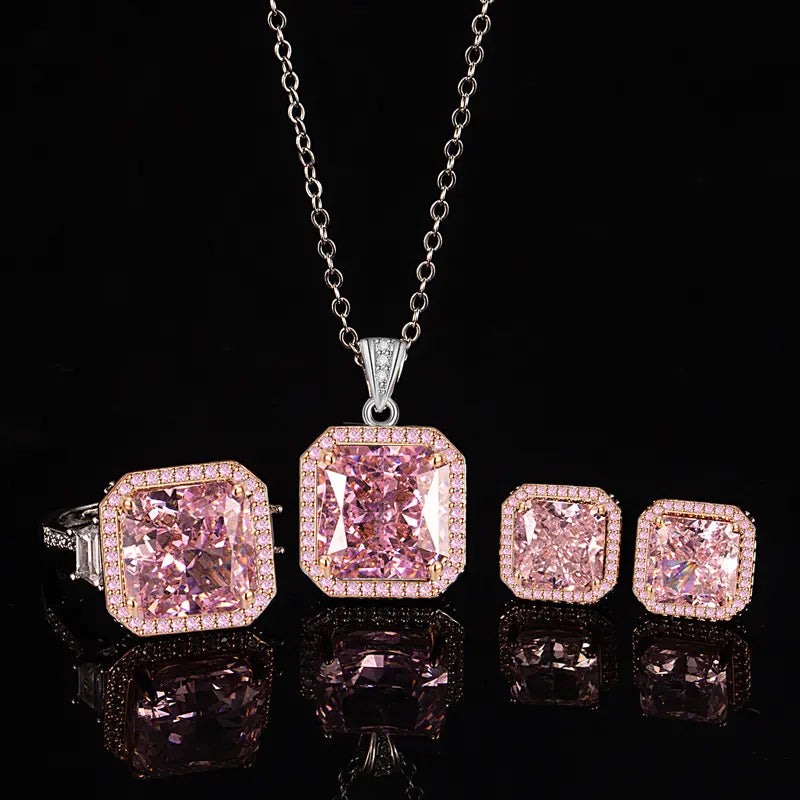 Fashion light luxury colored treasure ring stud earrings necklace three-piece set