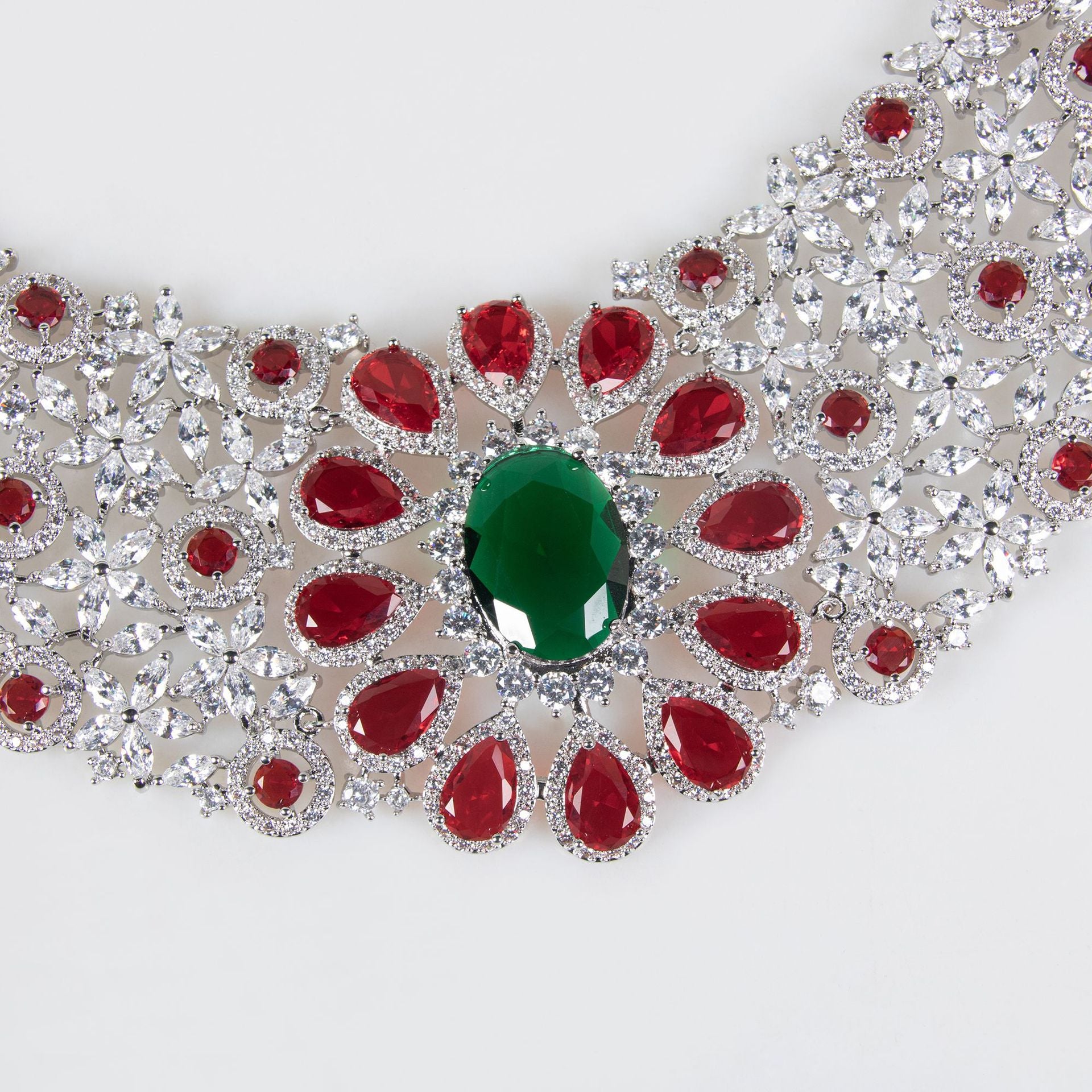 Luxury Red Gemstone Flower Necklace and Earrings Set – Elegant Statement Jewelry