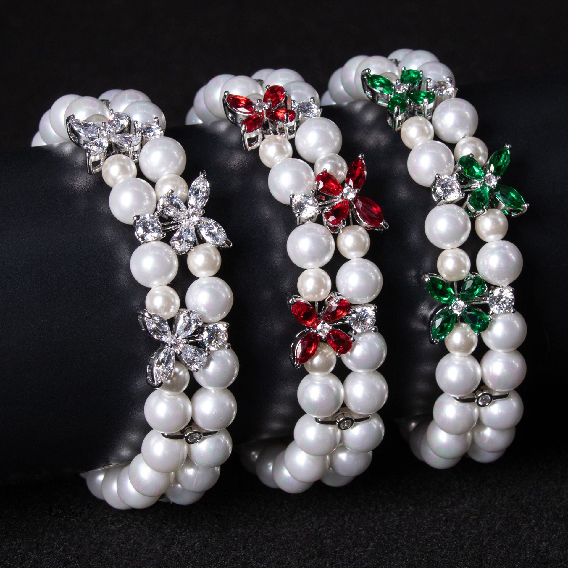Luxury Pearl Butterfly Bracelet with Crystal Flower Accents – Elegant Statement Jewelry for Women