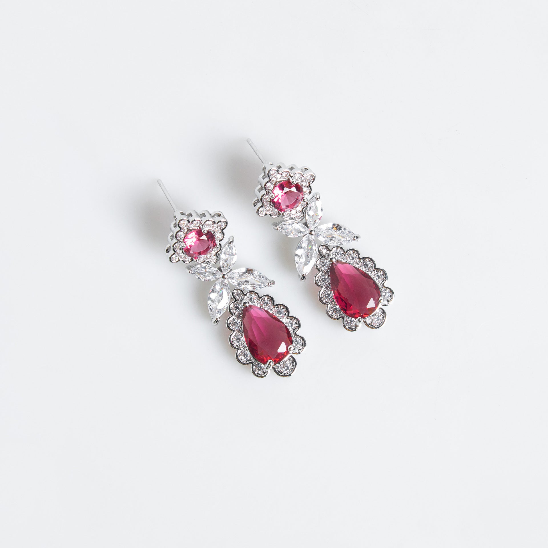 Luxury Ruby Teardrop Necklace Set – Floral Crystal Earrings Jewelry