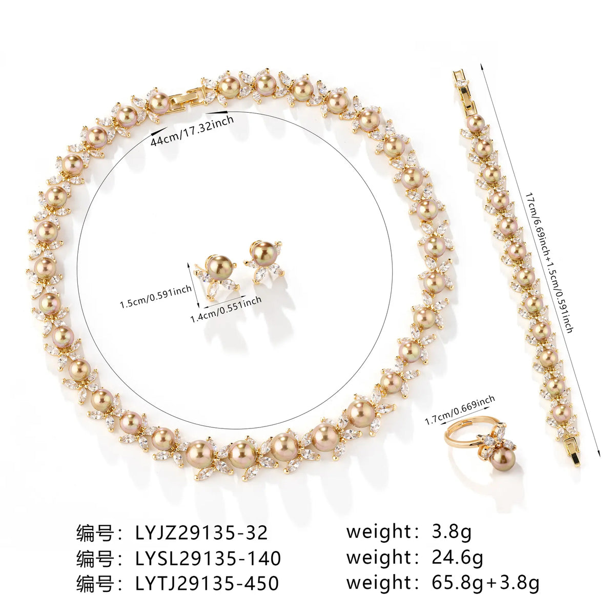 Luxury Gold Pearl Jewelry Set – Sparkling Crystal Necklace Earrings Bracelet