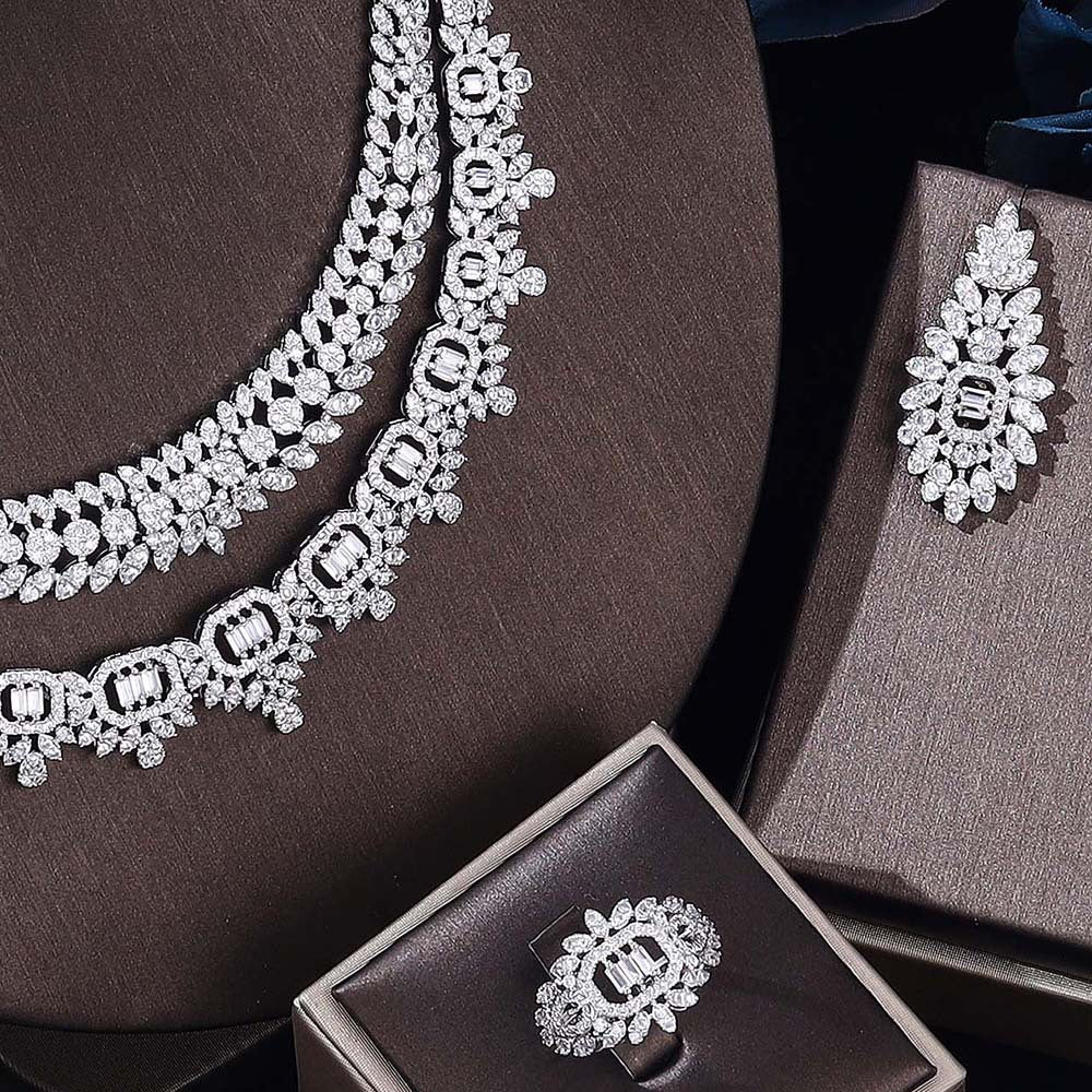 Luxury Silver Double Layer Crystal Jewelry Set – Necklace Earrings Bracelet Ring for Women