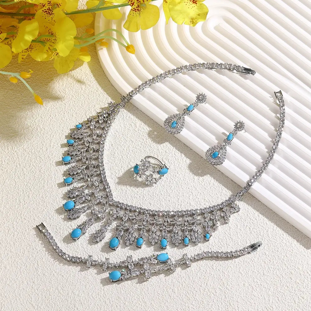 Luxury Silver Crystal Turquoise Blue Jewelry Set Necklace Earrings Ring Bracelet Bridal Wedding Statement Set for Women