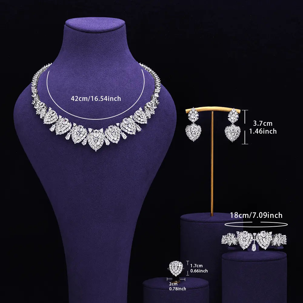 Luxury Heart Shape Crystal Jewelry Set Blue Pink Zircon Necklace Earrings Ring Bridal Statement Set for Women