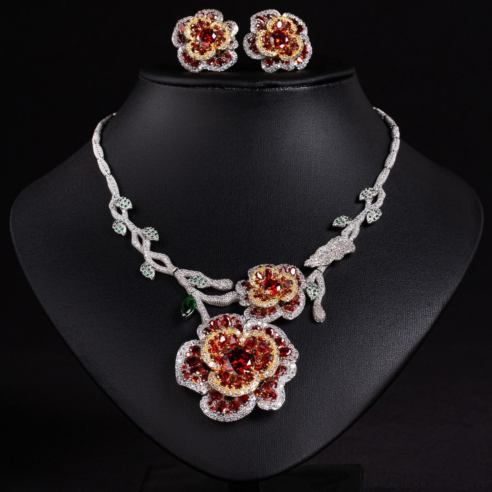 Luxury Red Crystal Floral Necklace and Earrings Set for Evening Gala