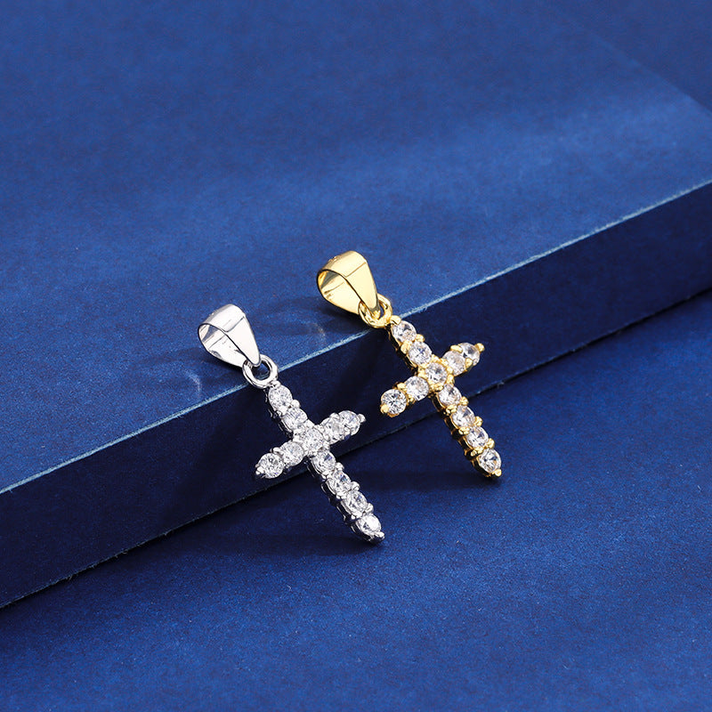 S925 sterling silver diamond inlaid simple cross pendant necklace