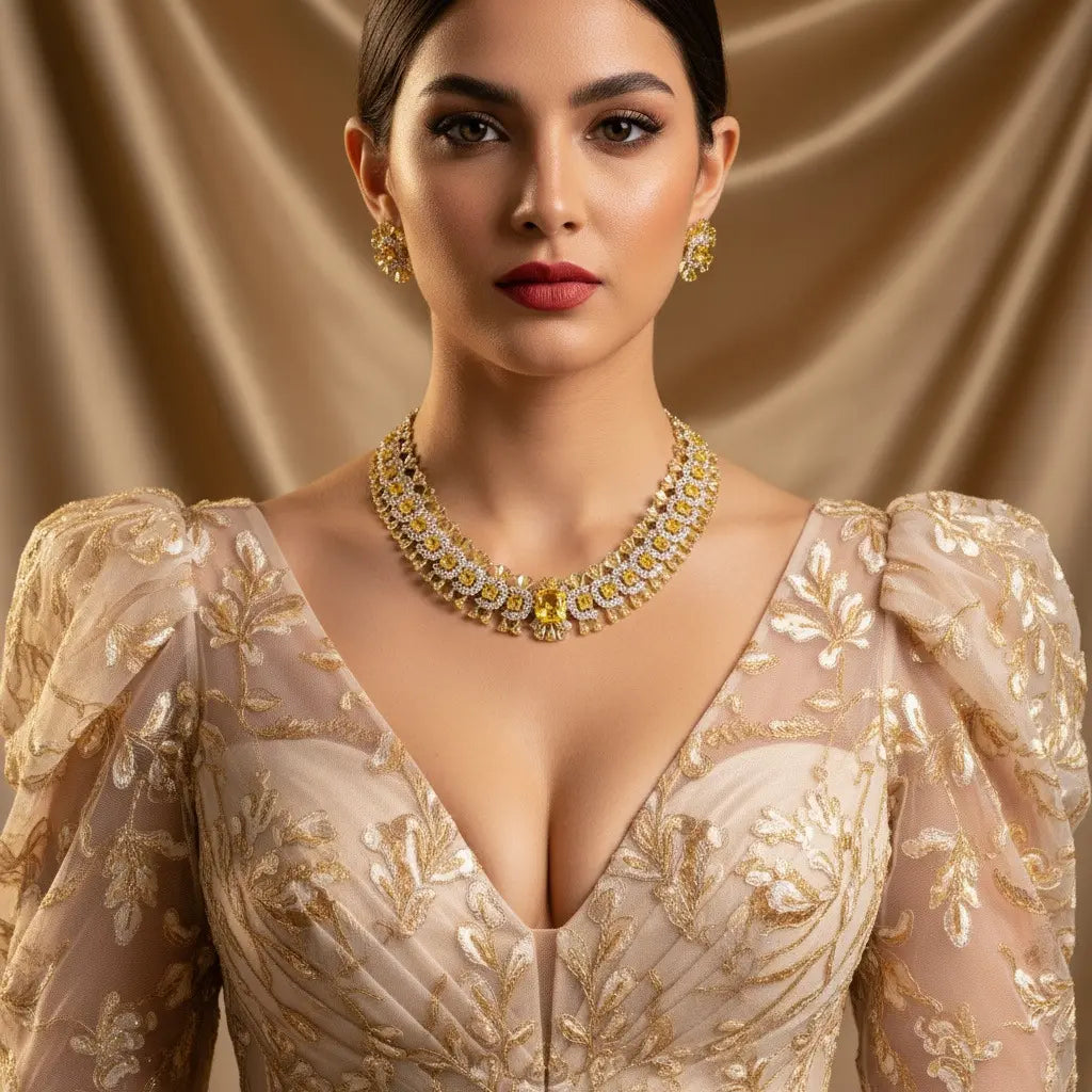 Ensemble collier et boucles d'oreilles de luxe en cristal jaune pour soirée de gala