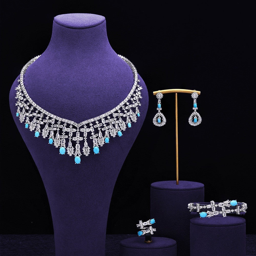 Luxury Silver Crystal Turquoise Blue Jewelry Set Necklace Earrings Ring Bracelet Bridal Wedding Statement Set for Women