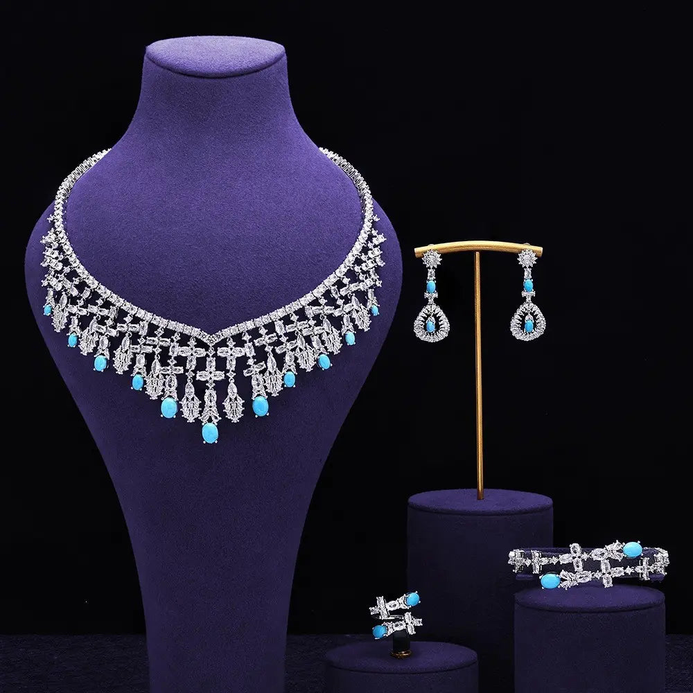 Luxury Silver Crystal Turquoise Blue Jewelry Set Necklace Earrings Ring Bracelet Bridal Wedding Statement Set for Women
