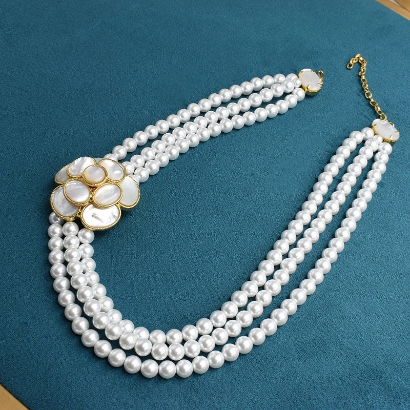 French retro natural white shell camellia pearl stud earrings necklace set