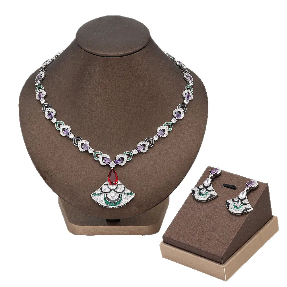 Luxury Green Crystal Necklace Set Gold Plated Copper Alloy Statement Jewelry for Women