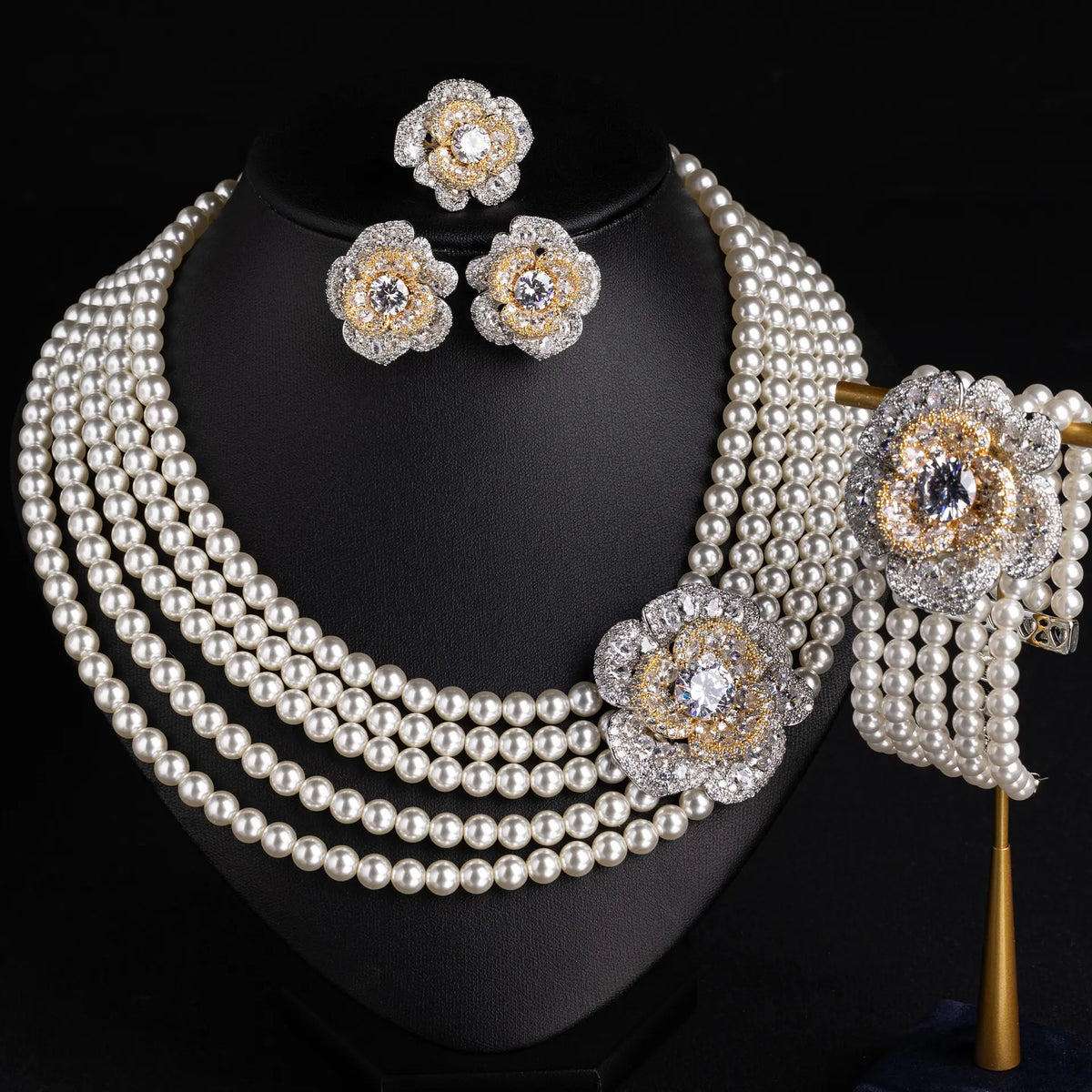 Elegant Pearl Floral Jewelry Set – Luxury Necklace Earrings Bracelet for Women