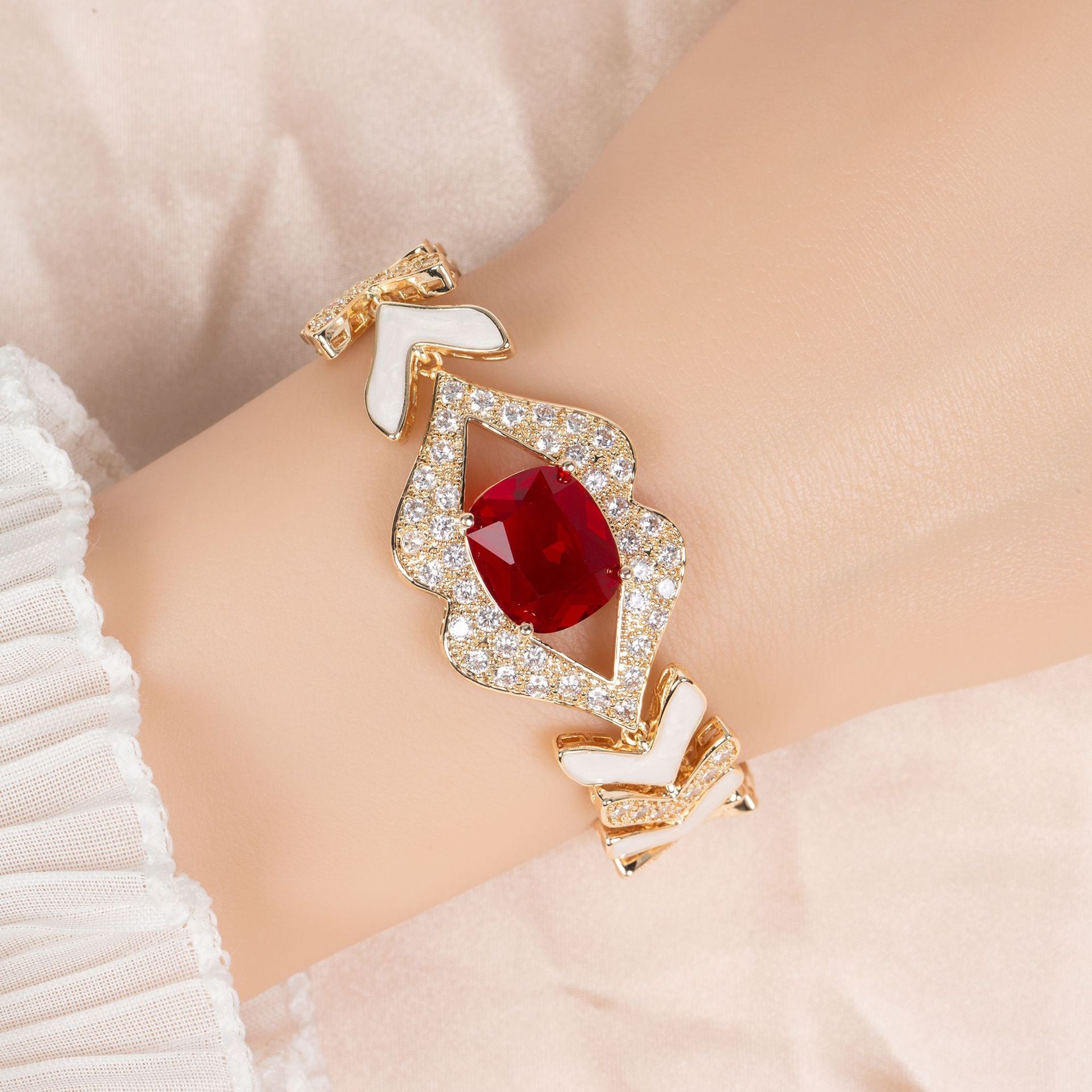 Luxury Ruby Red Crystal Bracelet – Gold Tone White Enamel Statement Jewelry for Women