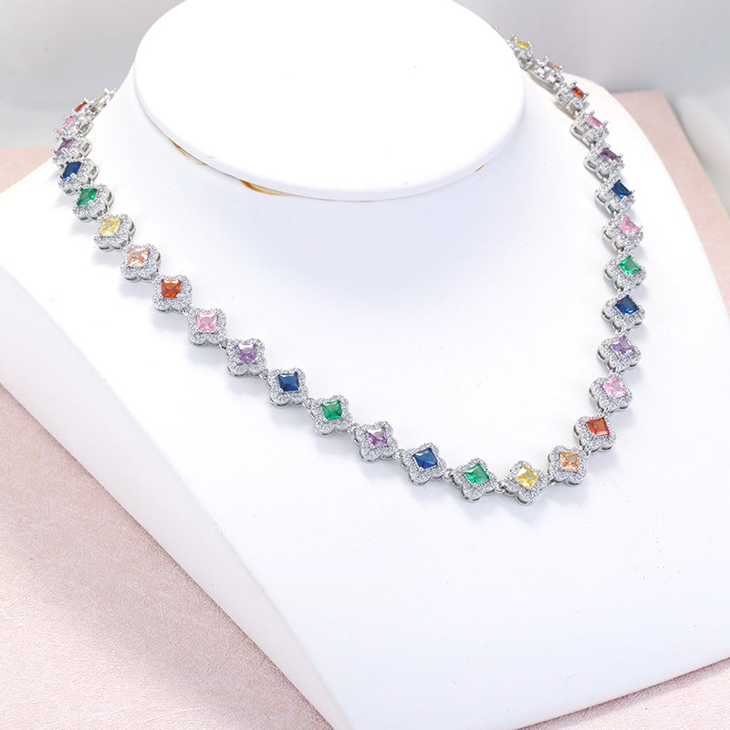 Light Luxury Copper with Colored Diamonds Lucky Clover Necklace