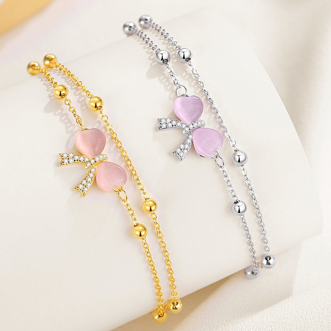 S925 Silver Bow Love Double Layer Bracelet